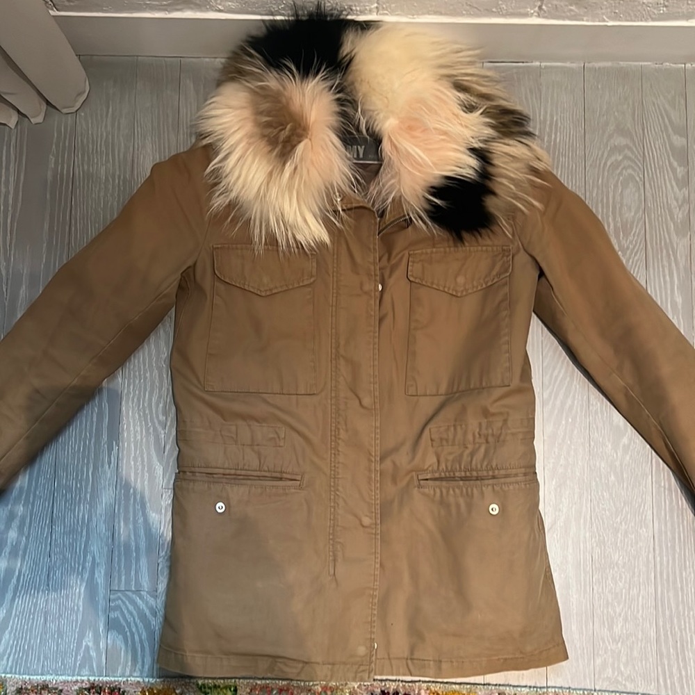 Yves Salomon Army Khaki Genuine multi color fur jacket in great condition.